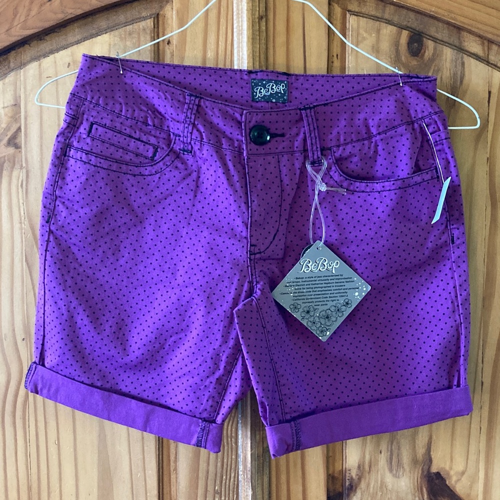 BeBop purple black polka dot cuffed hem shorts size 5 - NWT